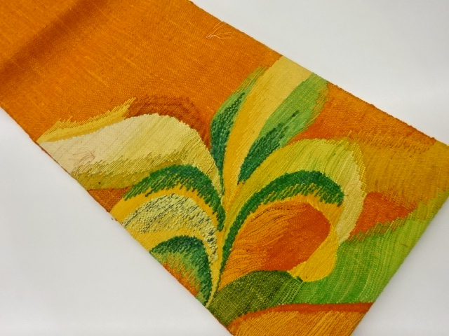 未使用品　手織り真綿紬抽象模様織出し名古屋帯